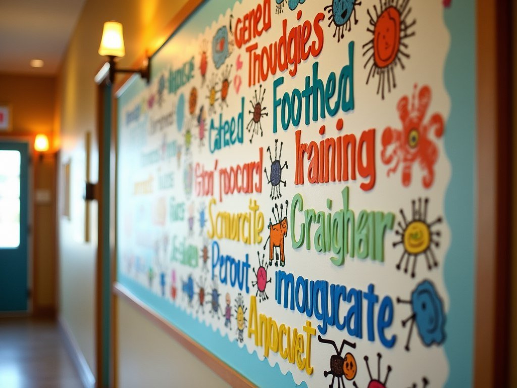 Tablón de anuncios colorido con nombres creativos de ministerios infantiles en tipografías divertidas, rodeado de arte infantil